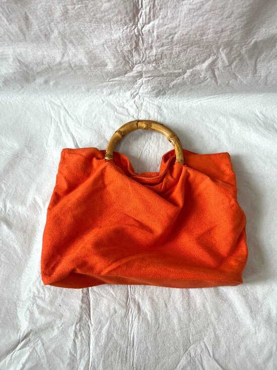 35th Street Bags Handbags - Bamboo bag orange canvas round handles beach summer lightweight handbag purse